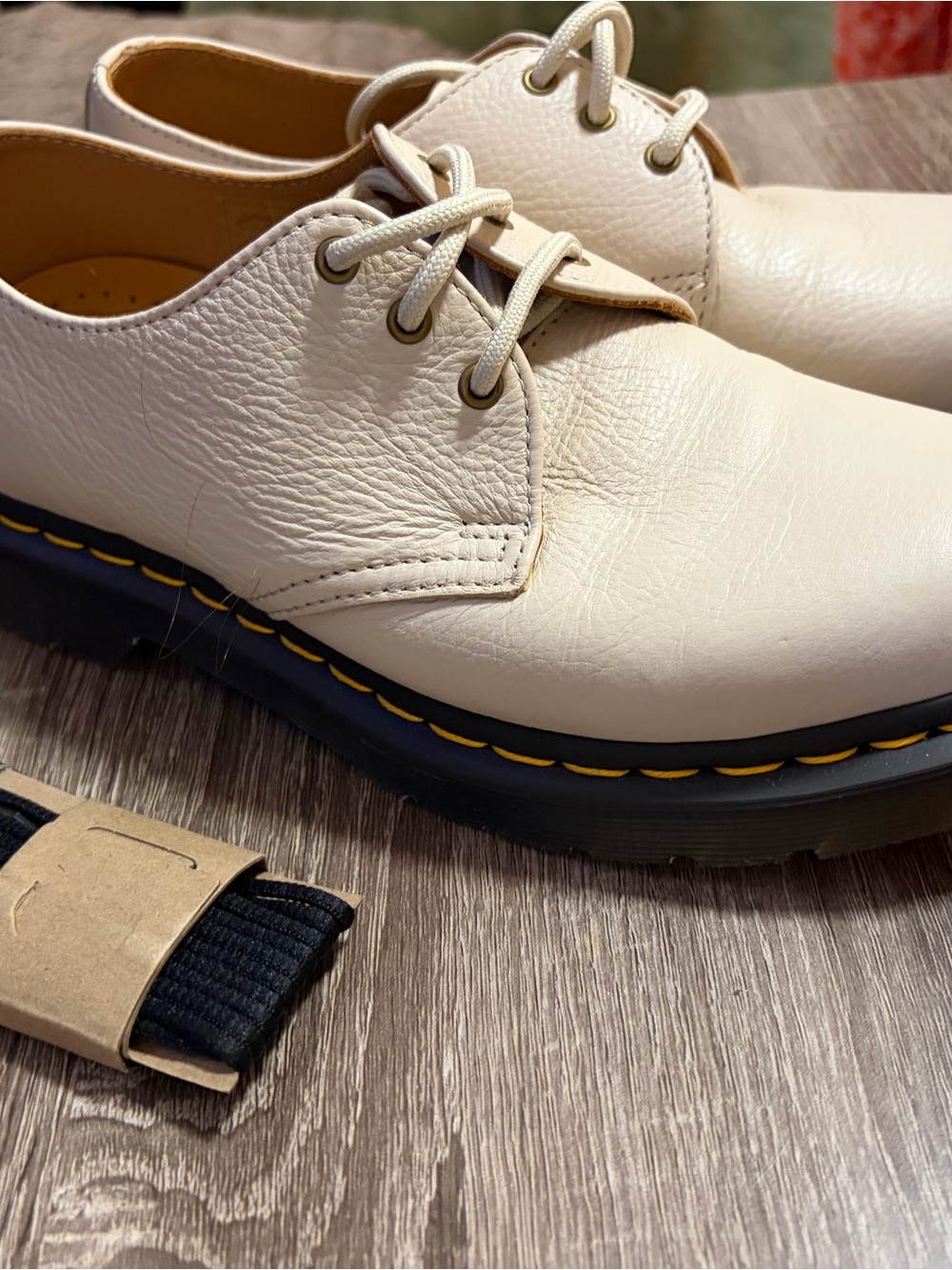 Dr. Martens Cream 3-Eye Derby Shoes with Yellow Stitching